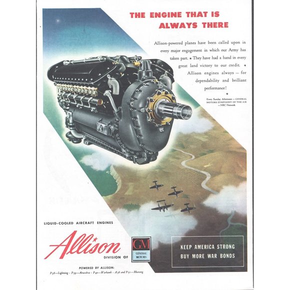 1944 Allison Aircraft Engine Vintage Print Ad WW2 War Bonds P-38 P-39 Wall Art - Picture 1 of 1